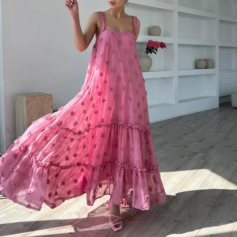 

Casual lazy style long dress new one-word collar three-dimensional flower pendulum cake dress fashionable simple luxury temperam