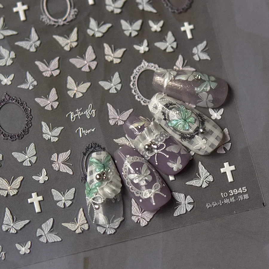 1 pezzo di 5D shell light butterfly nail sticker light luxury retro picture frame decorativo relief jelly decorativo sticker