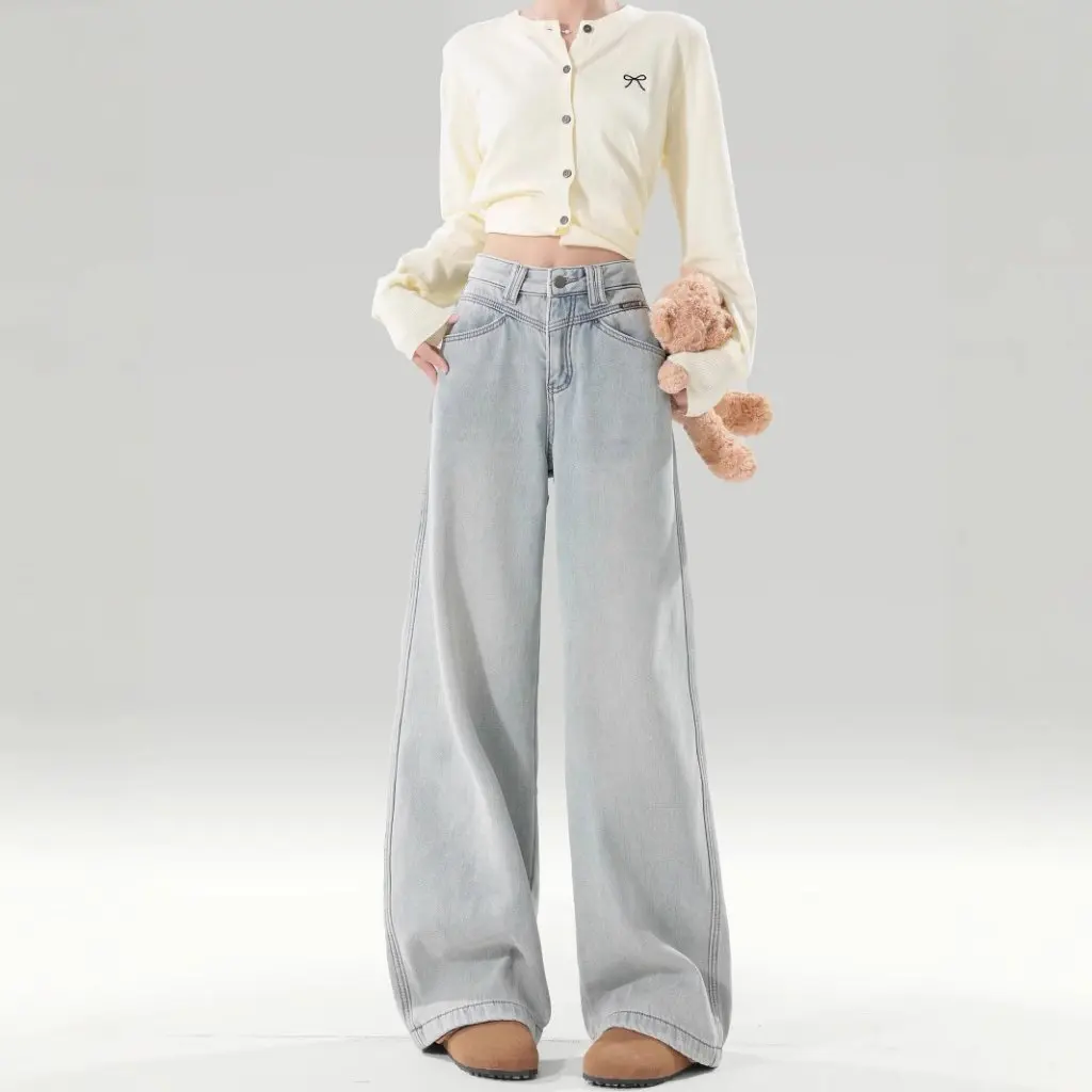 

Голубые широкие джинсы с высокой талией, свободные прямые брюки на флисовой подкладке для женщин, осень-зима, новый стиль