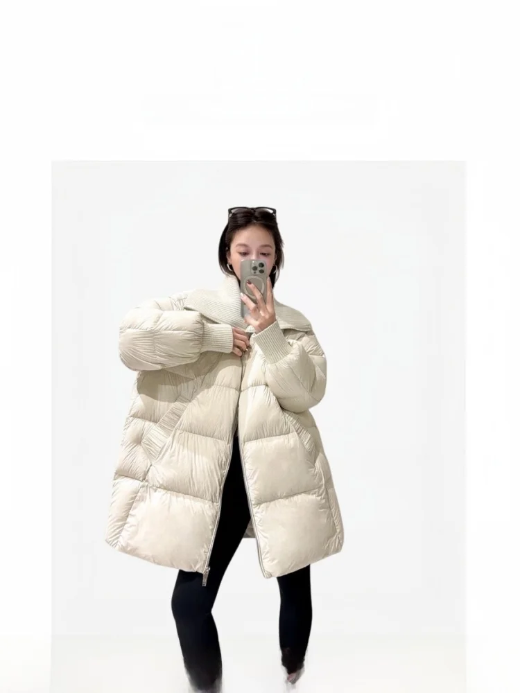 

Легкое женское пальто-куртка из облачного мягкого гусиного пуха с вязаным воротником-стойкой, теплая, длинная, модная