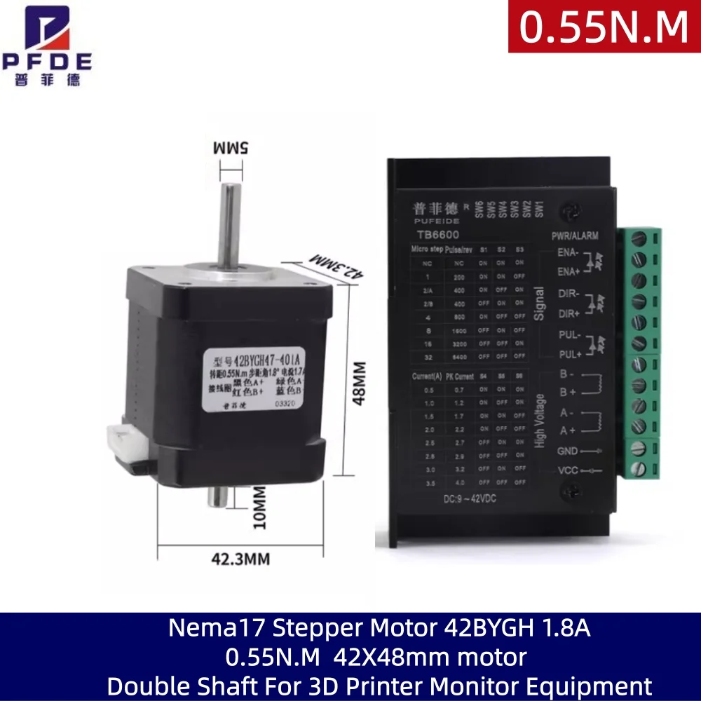 Nema17 Stepper Motor 42BYGH 1.8A 0.55N.M  42X48mm motor Double Shaft For 3D Printer Monitor Equipment with drive TB6600/DM542C