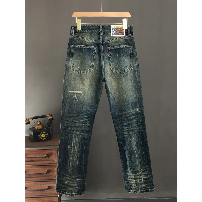 جينز مكسور بفتحة رقعة للرجال ثقيل الوزن من قماش الدنيم القديم أنبوب مستقيم فضفاض 2025 سراويل طويلة راقية جديدة عالية الجودة #4
