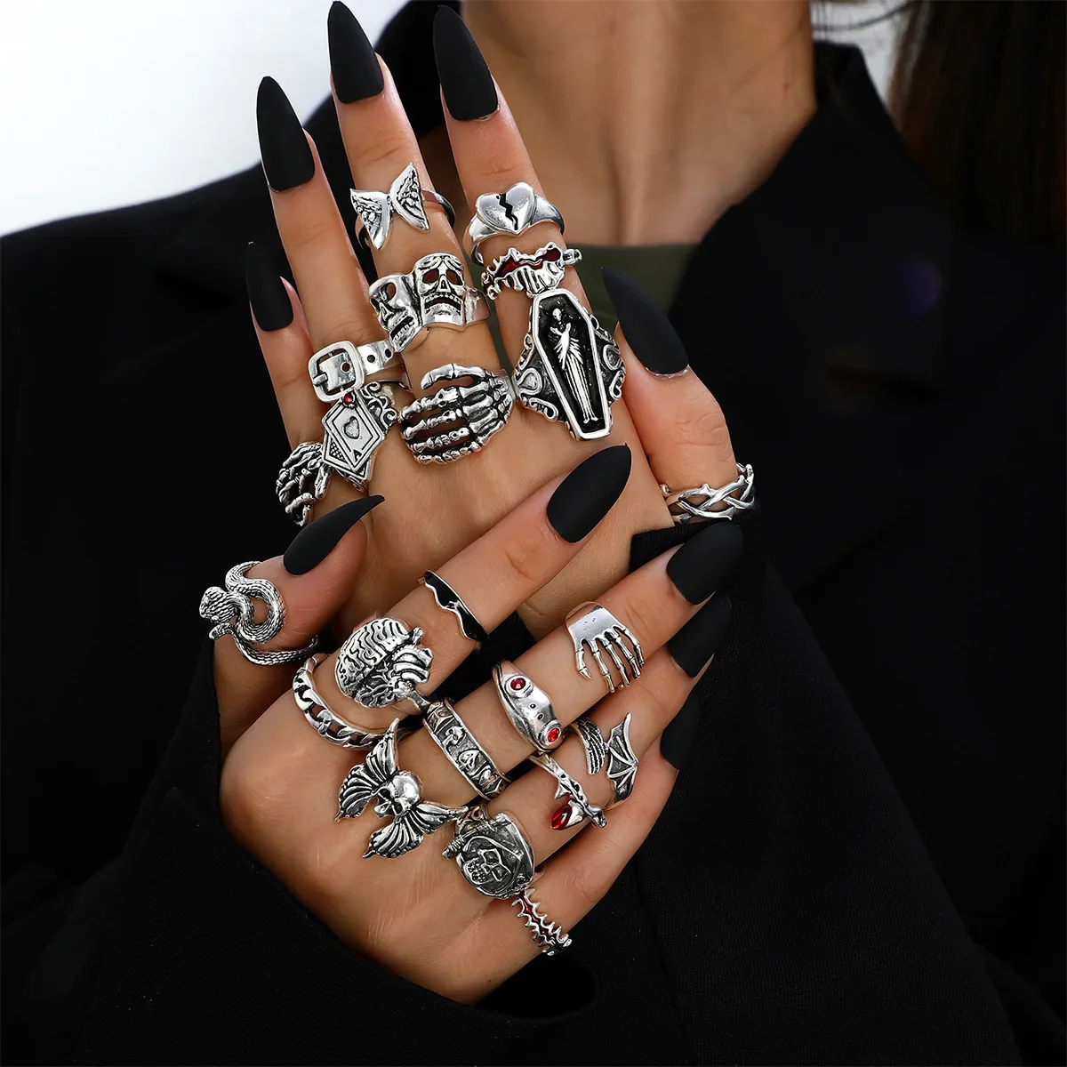 23Pcs Punk Geometric Knuckle Finger Rings Set For Women Men Snake Skull Black Ring Gothic Vintage Jewelry Accessories