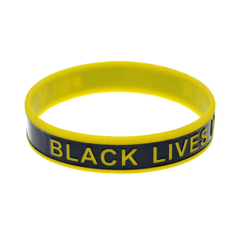 1 Stück schwarzes Armband mit dem Aufdruck „Black Lives Matter“ und einer silikonartigen Gummibandverstärkung, BLM-Armband, schwarz und gelb. – Detail 8