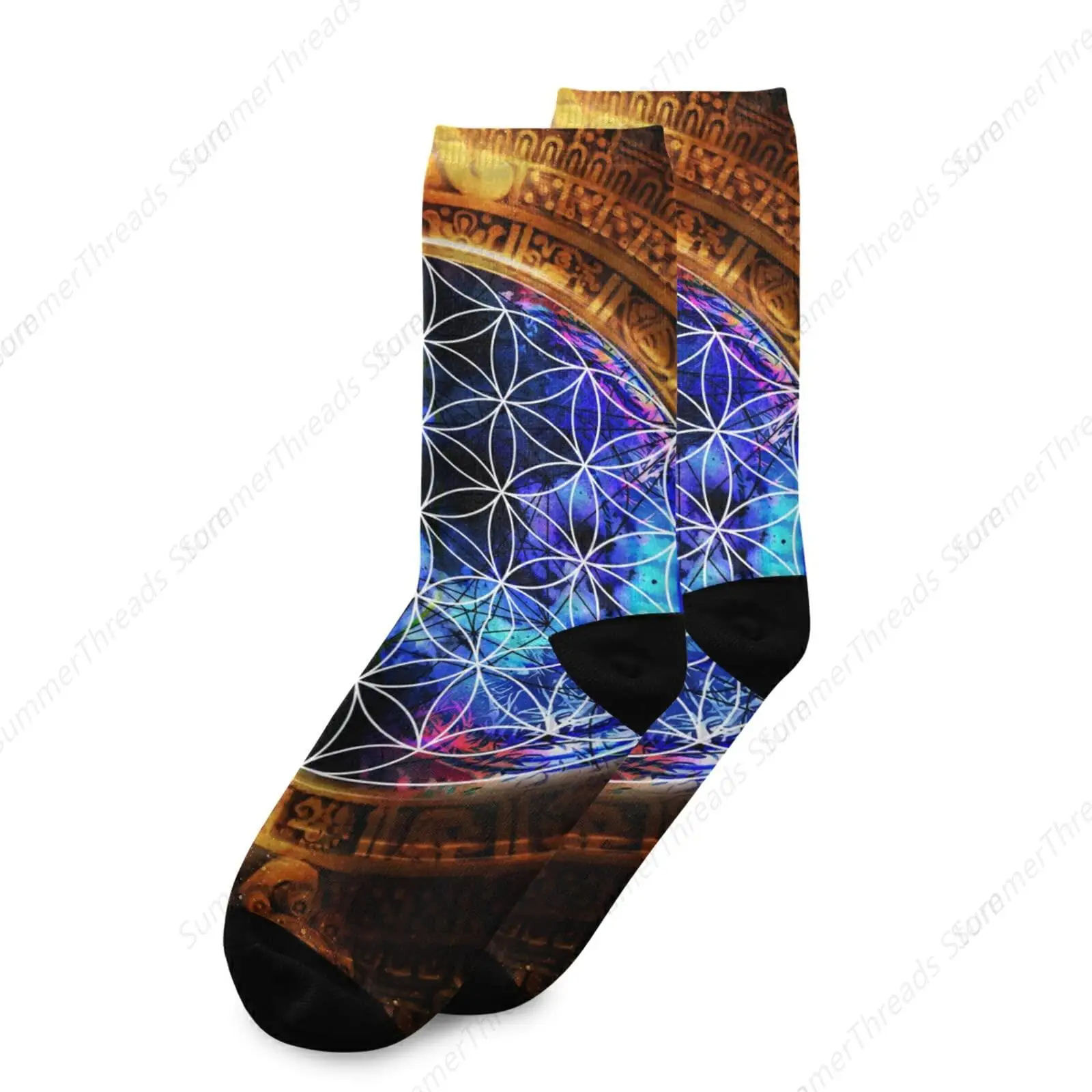 Ancient Mayan Calendar Purple Gold Pattern Flower of Life Casual Compression Crew Knee High Sock Athletic Soft Circulation Socks