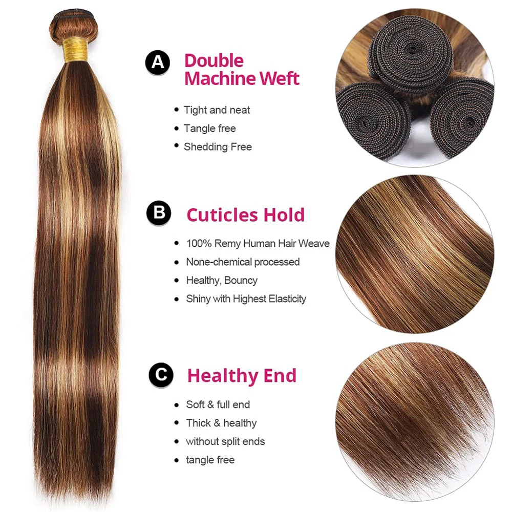 Bundles de tissage de cheveux humains raides, balayage ombré, blond, brun, cheveux bruts brésiliens, 1/3 faisceaux, richesse, 30 po, 100% cheveux humains