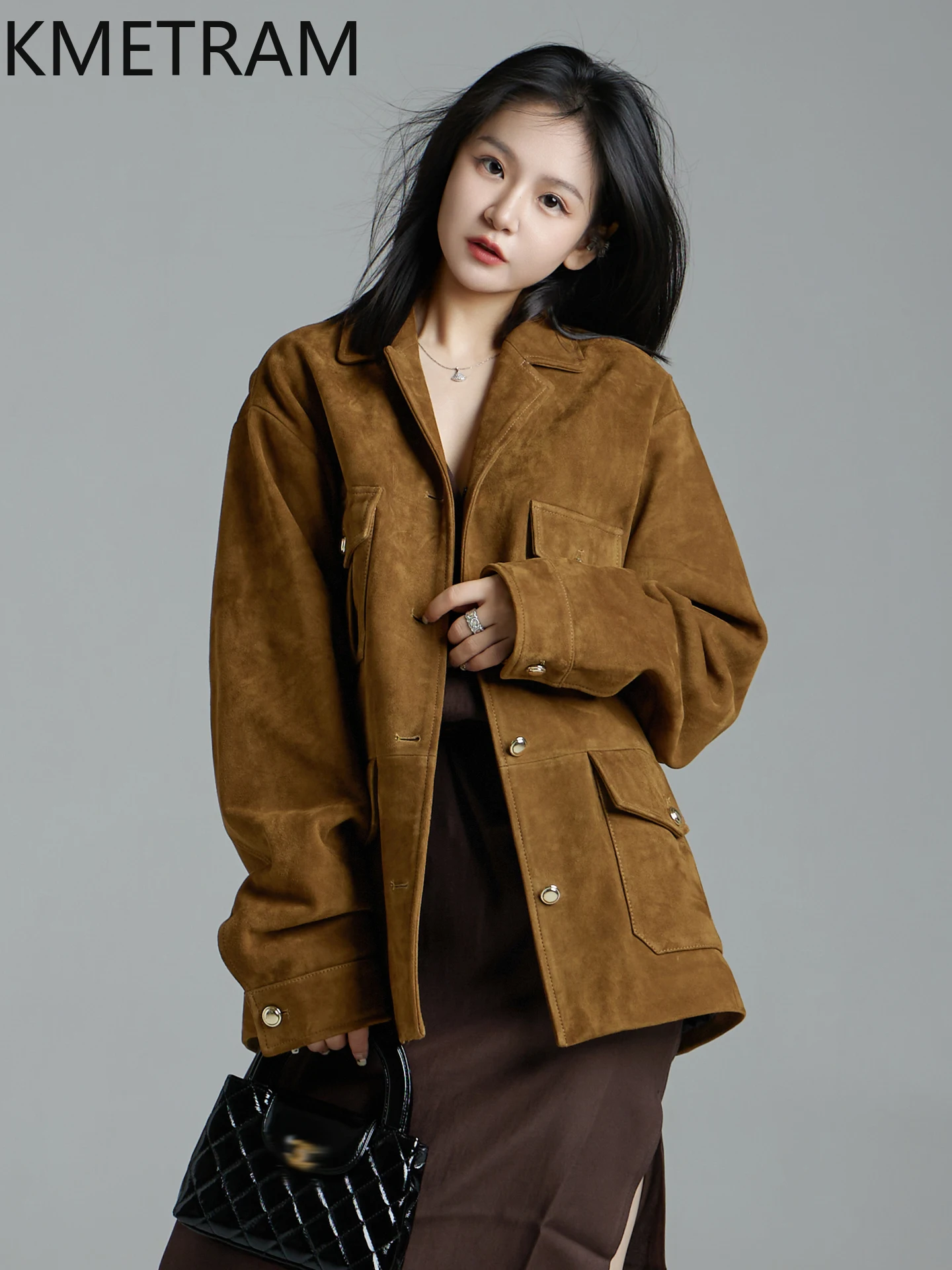 KMETRAM 100% Natural Sheepskin Suede Leather Jacket Elegant Fashion Woman Clothing 2025 Mid-Length Autumn Genuine Coats пальто