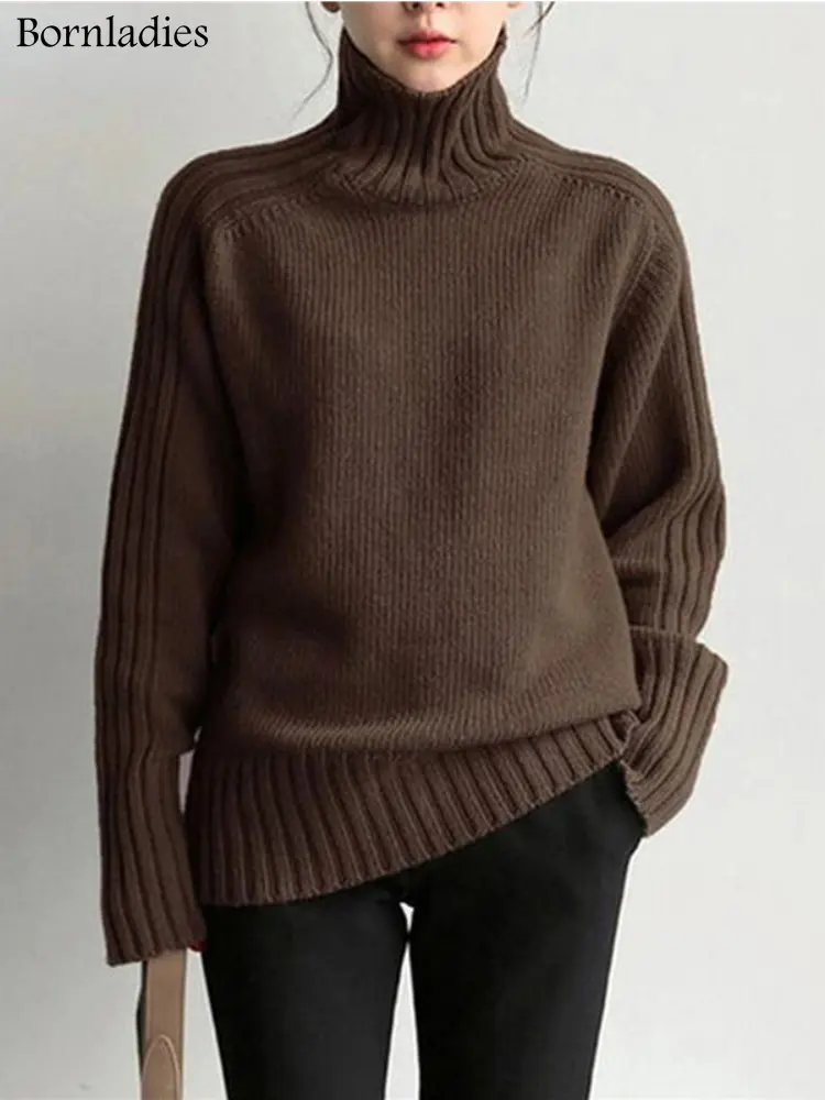 Bornladies 2022 Autumn Winter Loose Turtleneck Pullover Basic Warm Sweater for Women Korean Soft Kniited Solid Sweater Tops