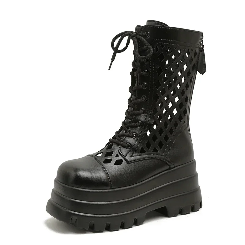 

9CM Summer New Sandals Boots Women Hollow Outs Net Boots Black Increasing Height Shoes pu Leather Sandals Breathable High Heels