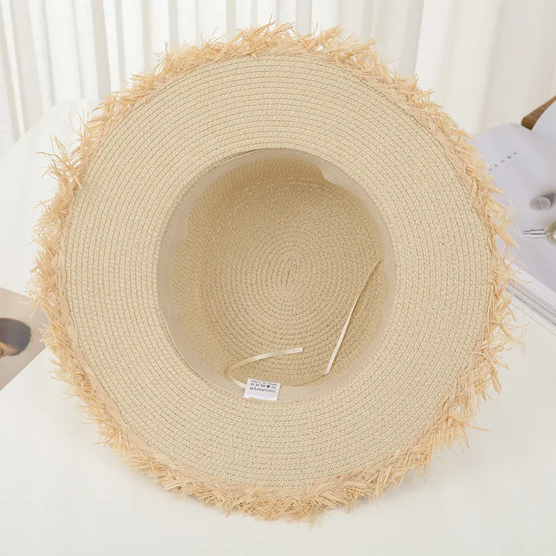 Sombrero de paja con lazo de encaje con borlas para mujer, sombrero de sol flexible informal, cinta protectora solar para playa, Verano