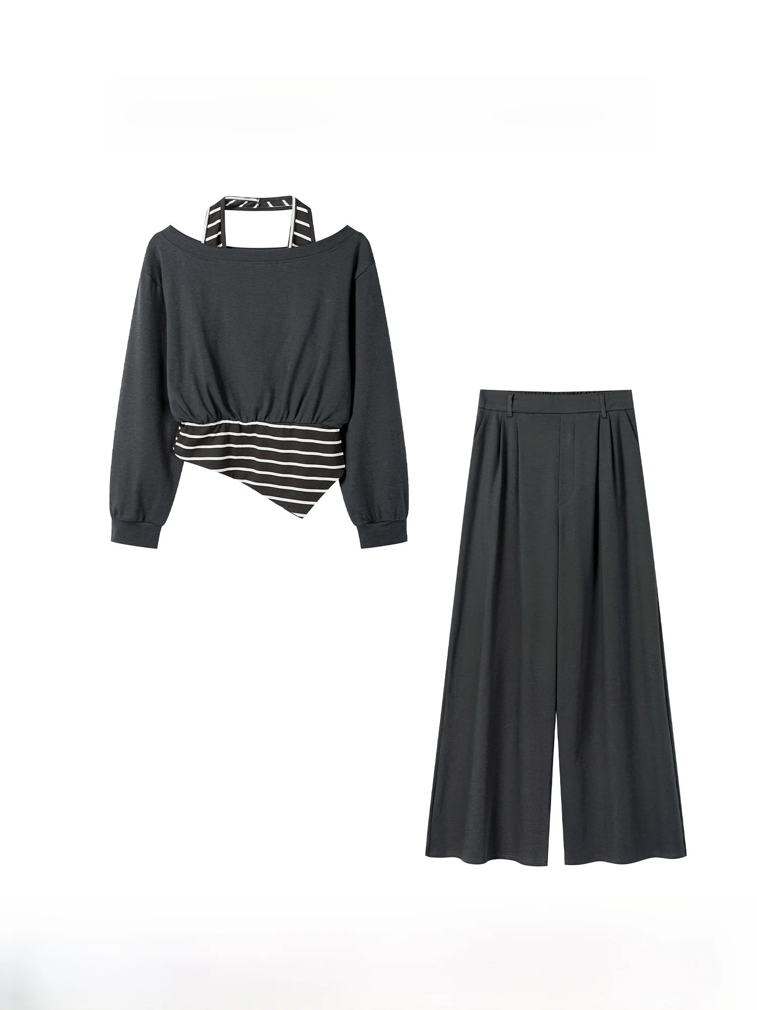 

Повседневный комплект из двух предметов: полосатая футболка и брюки для женщин, осенний, с высокой талией, свободный крой, дышащий, комфортный, из смесового хлопка