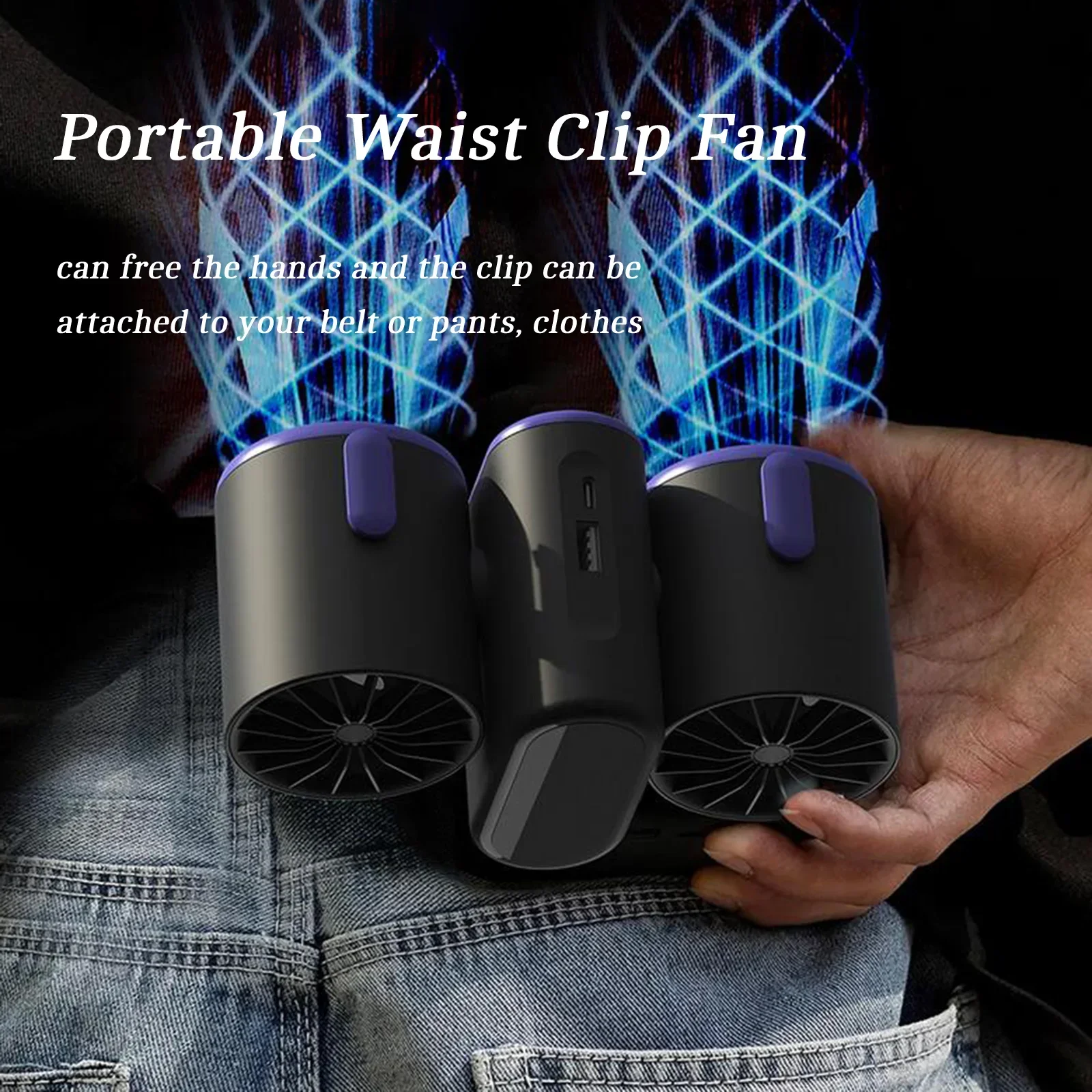 Portable Waist Clip Fan Cooling Fan Dual Head with Light USB Charging 3 Adjustable Speed Turbo Violent Waist Hanging Small Fan