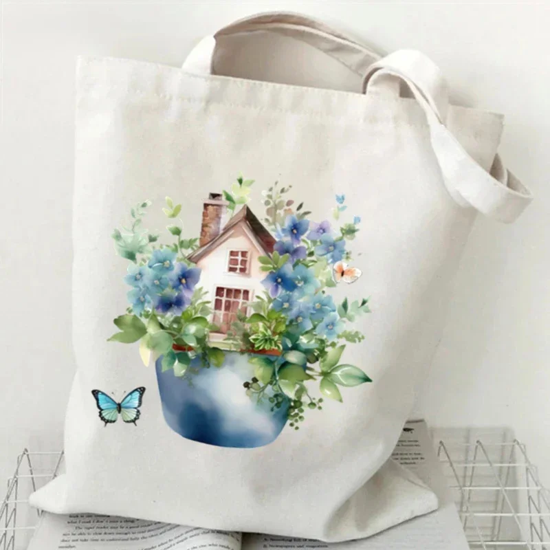 

Watercolor Floral House Print Tote Bags Women Vintage Cartoon Aesthetics Canvas Shopping Bag Teen Plant Butterfly Shoulder Bags