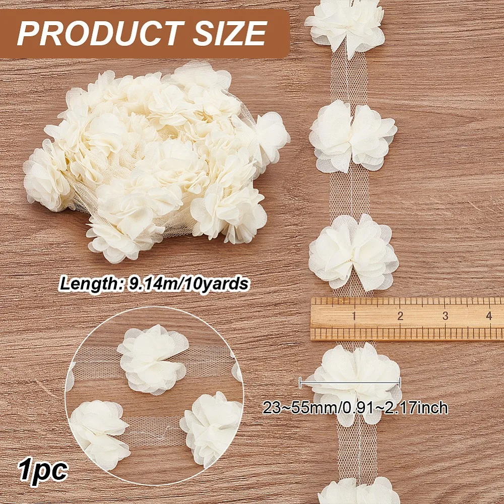 Polyester Lace Ribbon 3D Flower Lace Trim Clothes Accessories Beige 7/8~2-1/8 inch(23~55mm) 10 Yards/Bundle