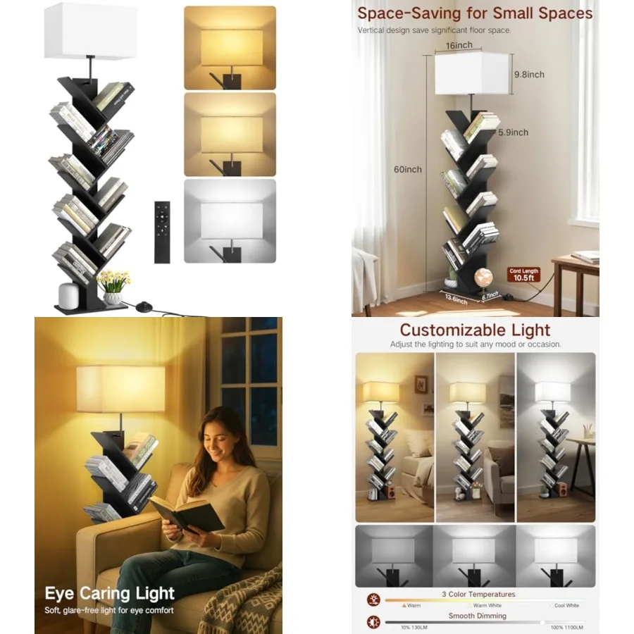 

Tree Bookshelf with Light, Remote and Timer, Dimmable Tall Floor Book Shelf, Narrow Wood Bookcase, Small Book Organizer Shelves