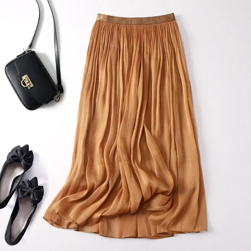 Summer Women's Solid Color Fashion Pleated Skirt Elastic Waist High Waist A Line Long Skirt