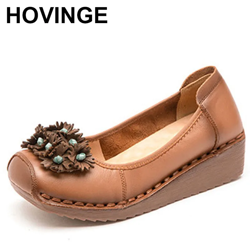 

New Wedge Heel Real Leather Shoes for Women Summer Cut-Out Vamp Loafers Lady Flower Hollowed Moccasins Mom Vintage Slip on Shoes