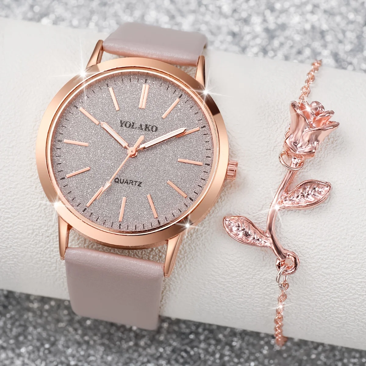 2pcs/set Glamorous Womens Watch & Rose Bracelet Duo - Shiny Quartz Timepiece with Analog Display & PU Leather Strap