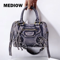 MEDIOW Moto & Biker Pillow Bags For Women Luxury Designer Handbags Purses 2024 New In Denim Washing Process Top Handle Shoulder