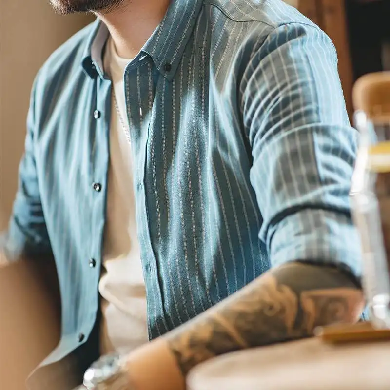 

Мужская рубашка Maden в американском ретро-стиле, синяя, с тонкими полосками, в гонконгском стиле, с острым воротником на пуговицах, тонкая, для делового повседневного образа, модная