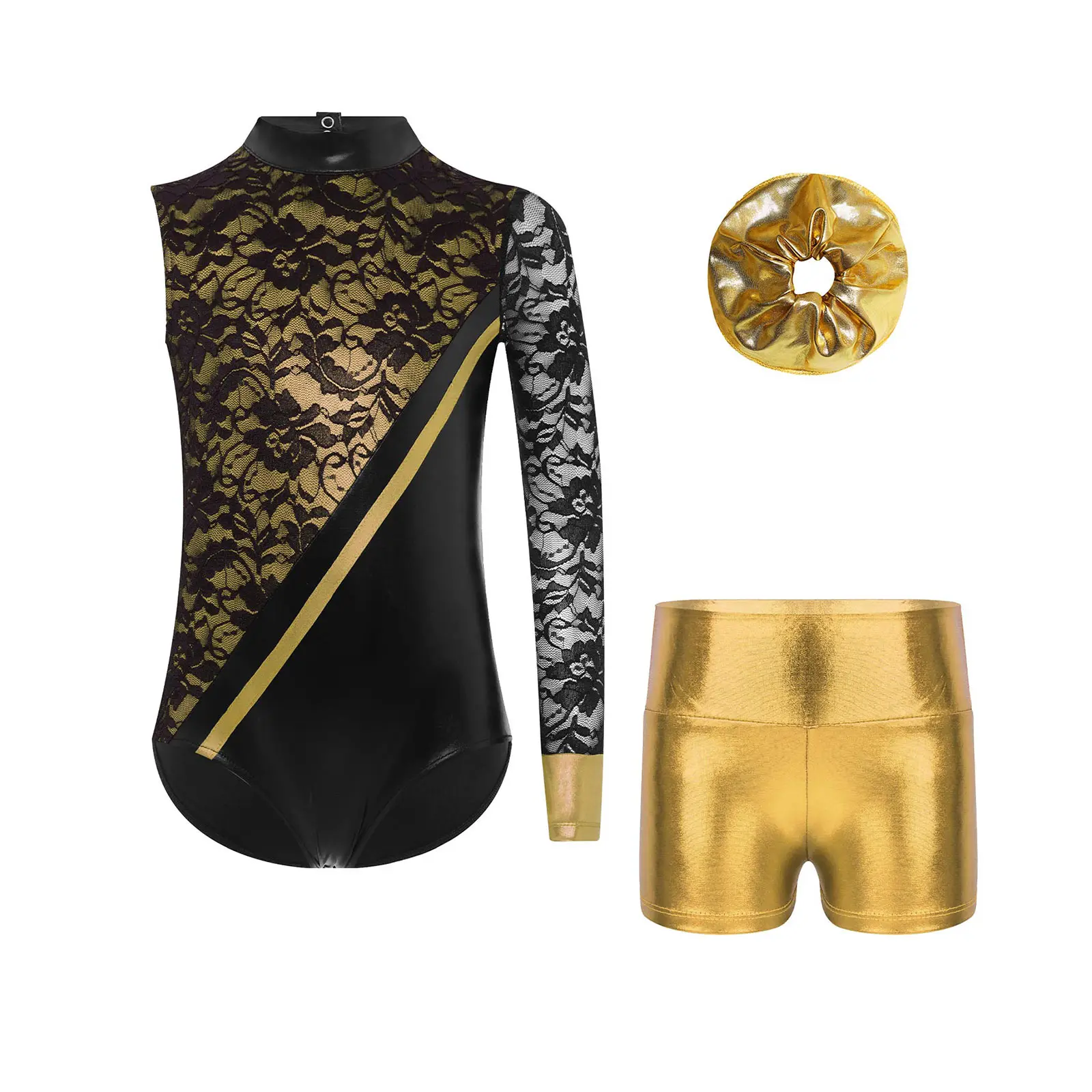 

Детский костюм для гимнастики и танцев для девочек, лоскутное металлическое трико с блестящими шортами и лентой для волос, одежда для акробатики и танцев