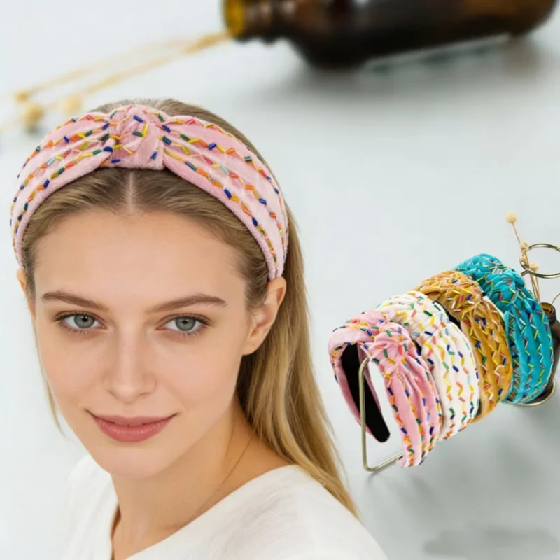 手作りベルベットヴィンテージワイドエッジヘアアクセサリーカラービーズヘアフープ洗顔プレスヘアヘッドバンド女性ヘッドウェアツール