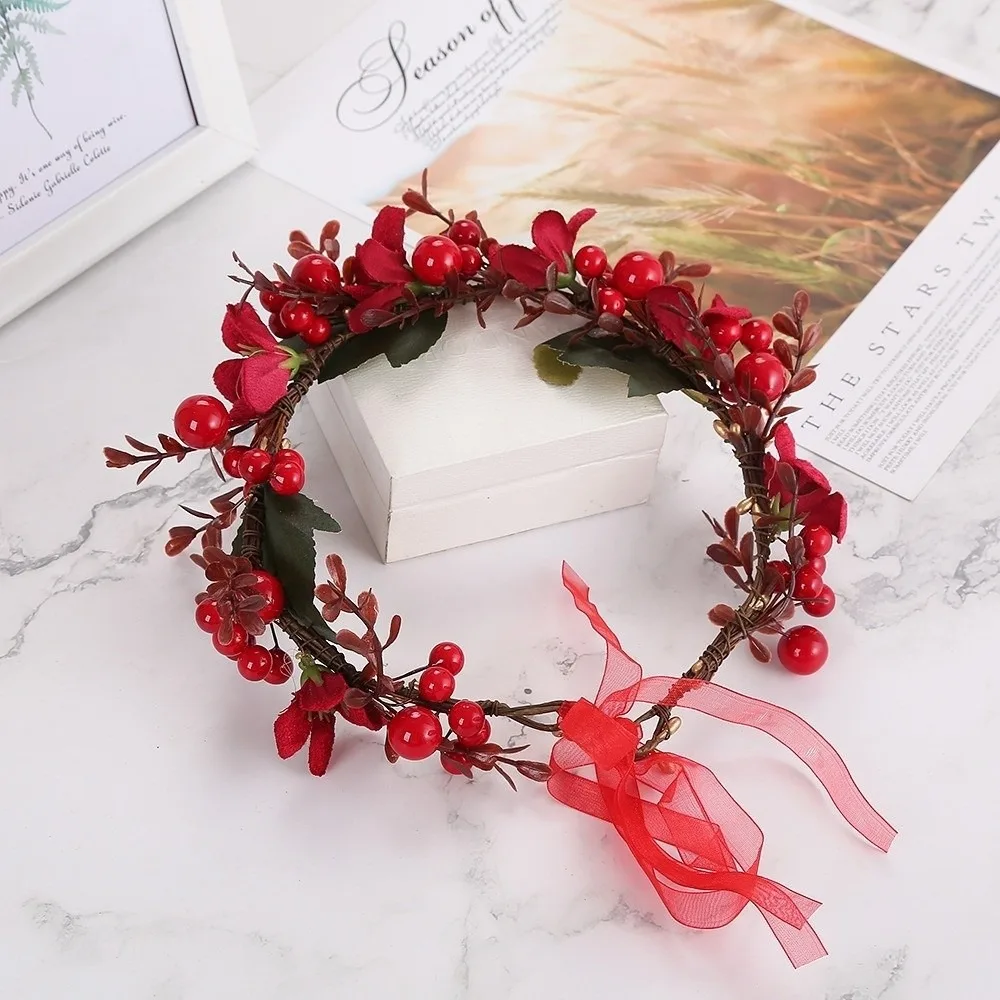 Large Red Berry Garland Red Flower Green Leaf Artificial Flower Garland Ribbon Wine Red Rose Ribbon Wreath Headband - view 2