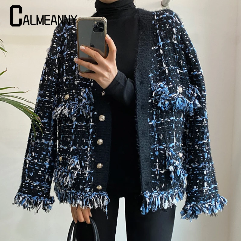 

2023 Korea Chic Autumn Winter V-neck Tassel Wool Mixed Color Knitted Cardigan Loose Long Sleeve Black Sweater Coat streetwear