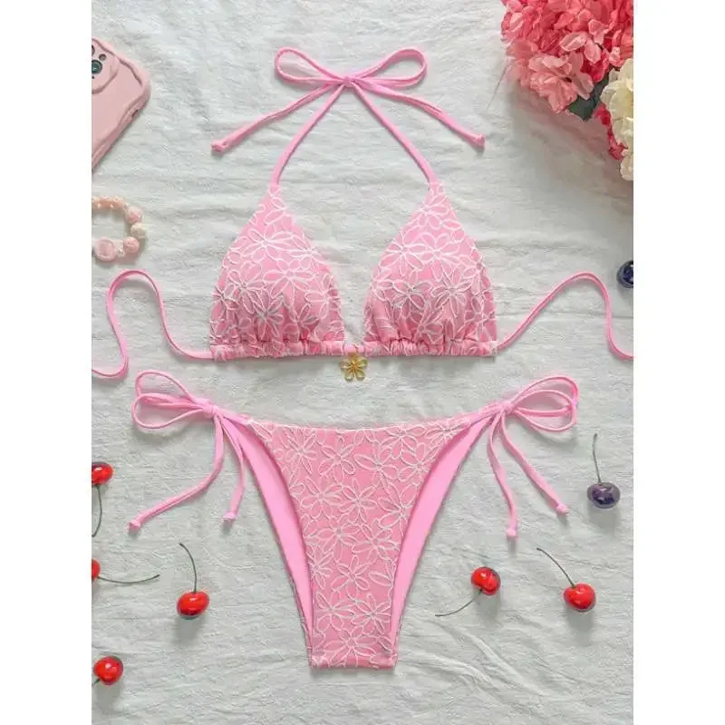 

Sexy Bikini Set Women's Strapless Neck Hanging Beach Swimwear Fresh Style Small Clearances Crossbody Swimsuit for Ladies