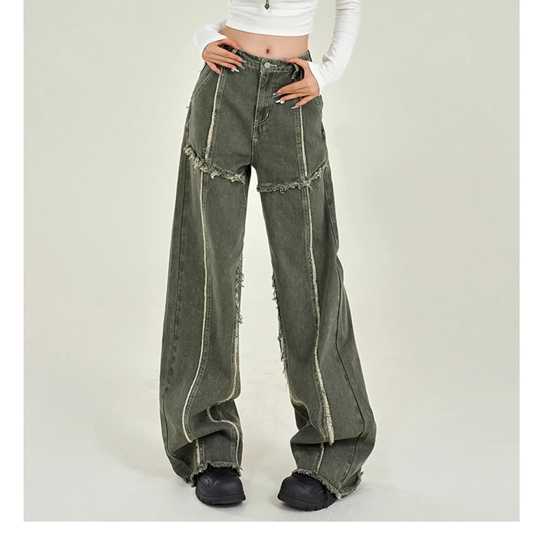 

Women's Military Green Denim Jeans Y2k Japan 90s Aesthetic Loose Wide-Leg Straight Jeans Trendy Vintage Trashy Clothes Pants