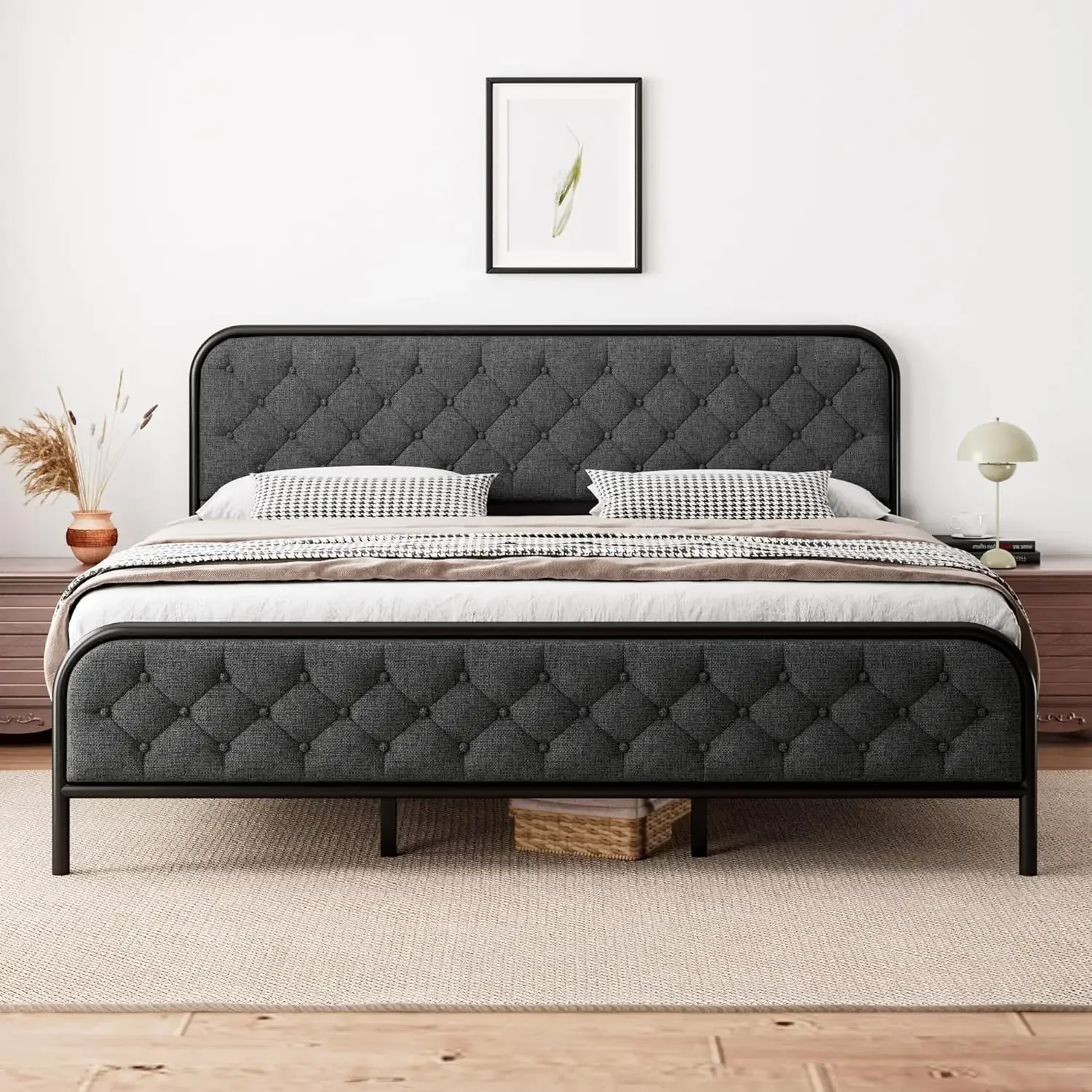 

Upholstered Platform Bed Frame with Diamond Linen Headboard, Heavy Duty Metal Slats Support, Noise Free, Dark Grey