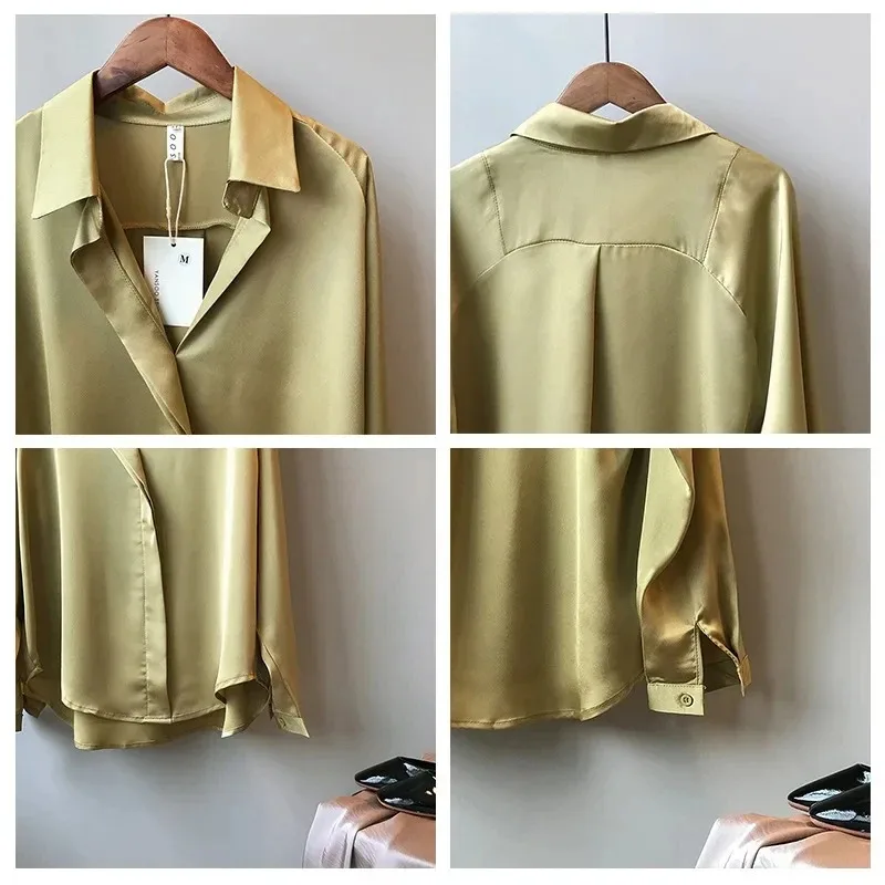 Vintage V Neck Satin Blouse for Women, Long Sleeves, Casual Fashion Tops, Elegant Shirts, Sexy, Spring, Summer, 5273