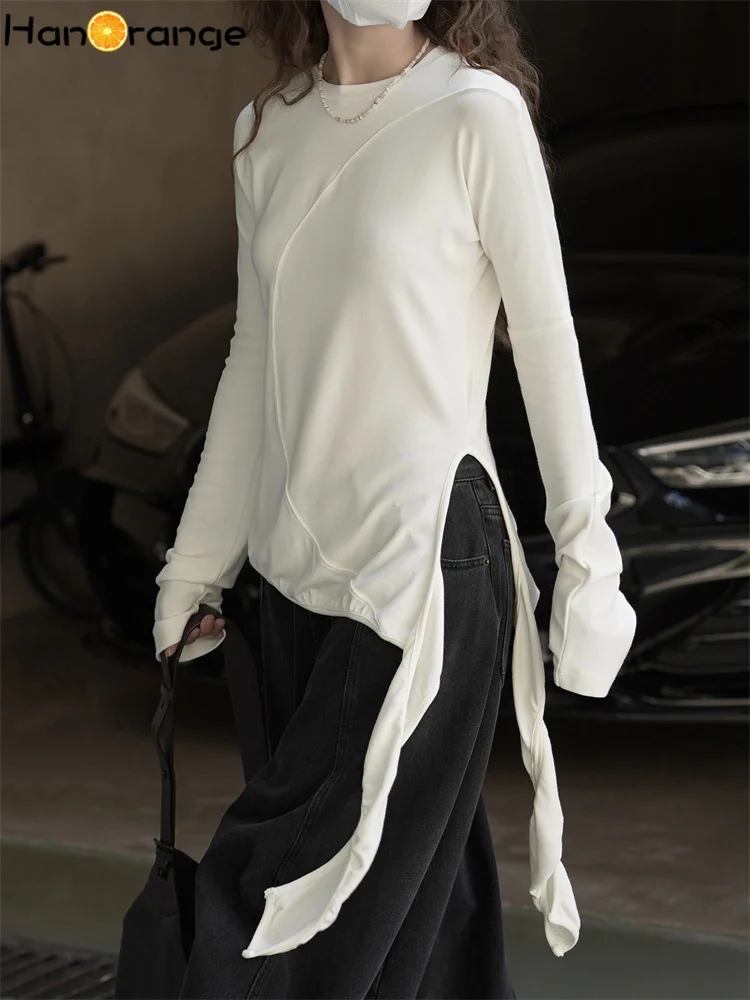 HanOrange 2025, wintermode, asymmetrische gebogen riem, gebreide trui, dames, slim fit, huidvriendelijke top, wit/zwart/baksteenrood