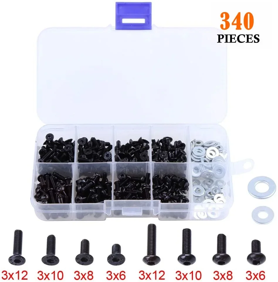 340pcs M3 10.9 black high strength Flat washers with round countersunk head hex screws Assortment Kit