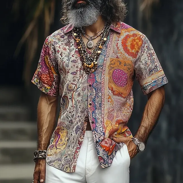 Abstract Geometric Color Block Print Short Sleeve Casual Shirt Fashion Streetwear For Summer Trip Outdoor Daily Outfit