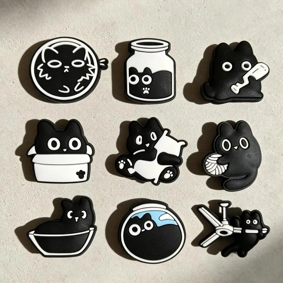 1/5/10/20/50/100pcs Creative Shoe Charms Featuring Black-and-White Kittens with a Story, Fun and Playful Designs for Slippers, B