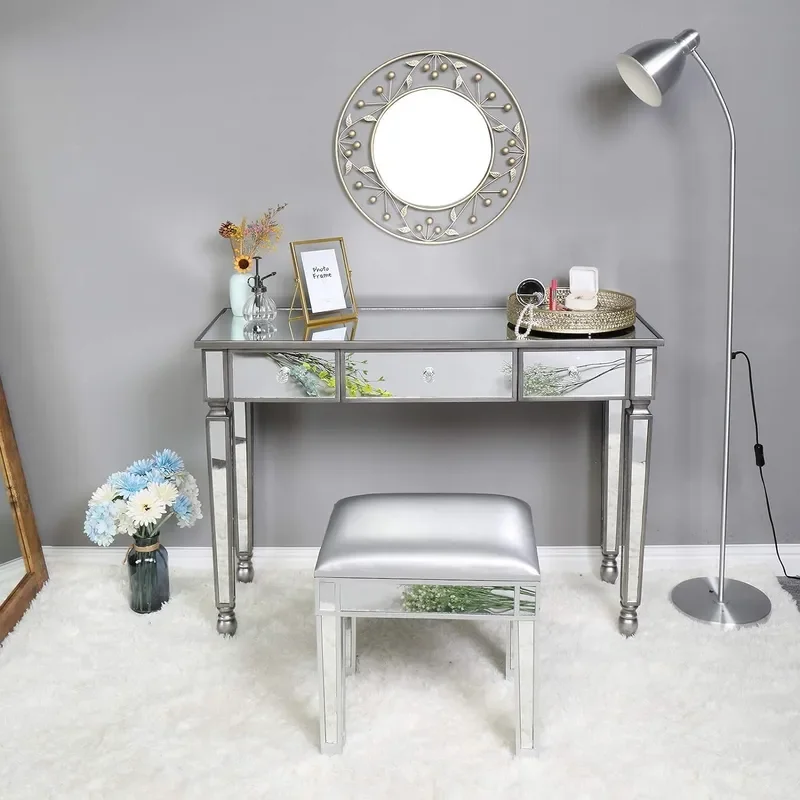 Mirrored Vanity Desk with 3 Drawers Modern Console Sofa Makeup Desk for Bedroom Living Room Entryway Silver