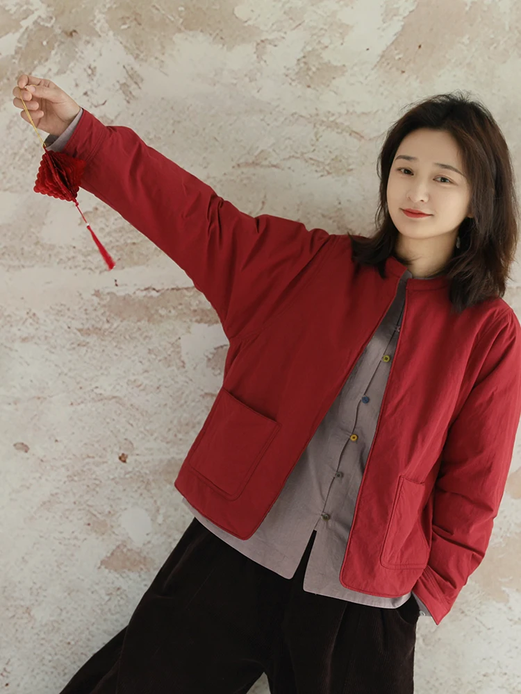 

Утепленное пальто из 100% хлопка с круглым вырезом, красное, новогоднее, женская верхняя одежда, двустороннее, традиционное китайское.