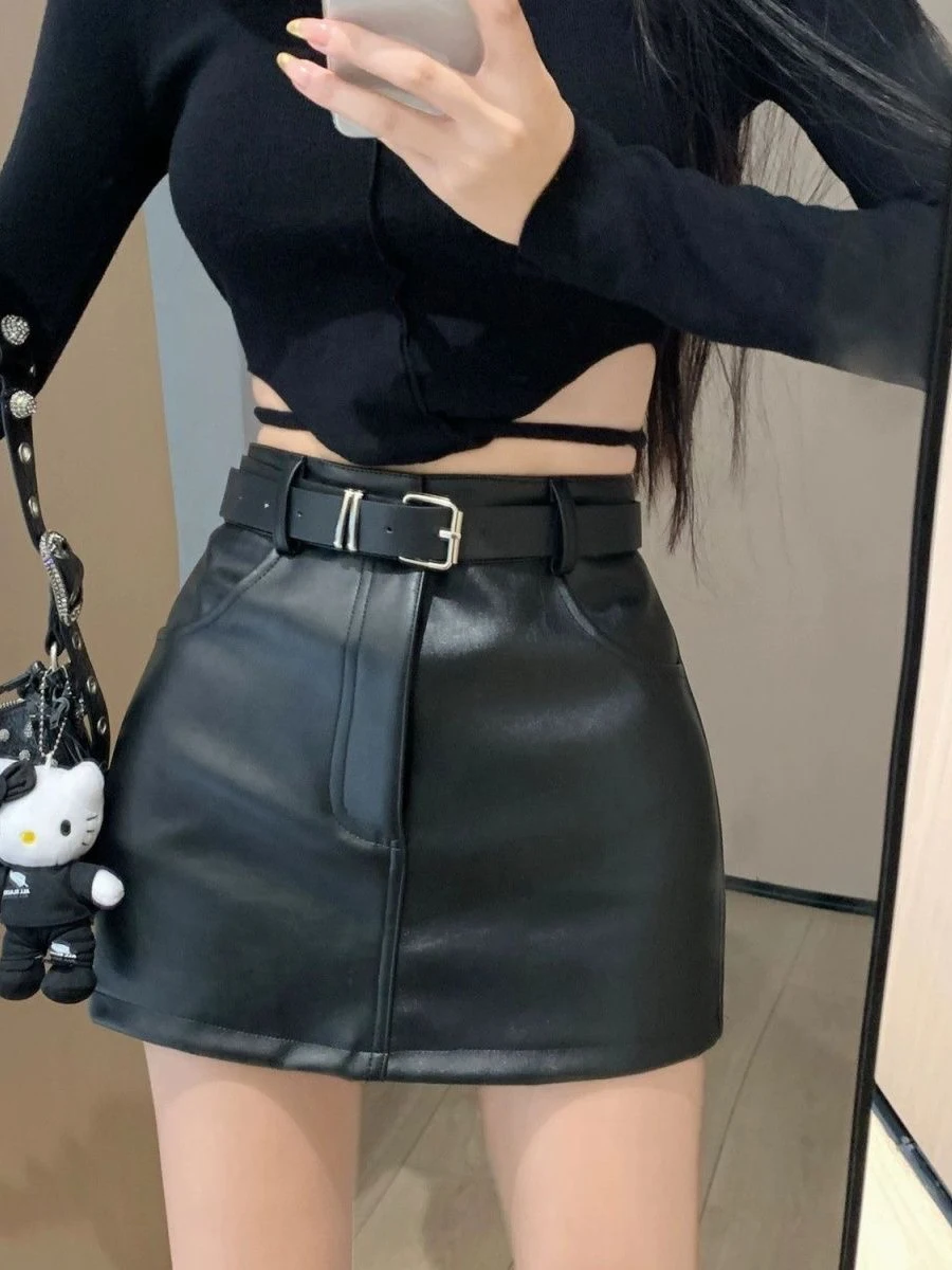 Sexy PU Leather  Skirt High Waist Slimming Versatile Women's Early Autumn Fashionable Half-length Short Skirt