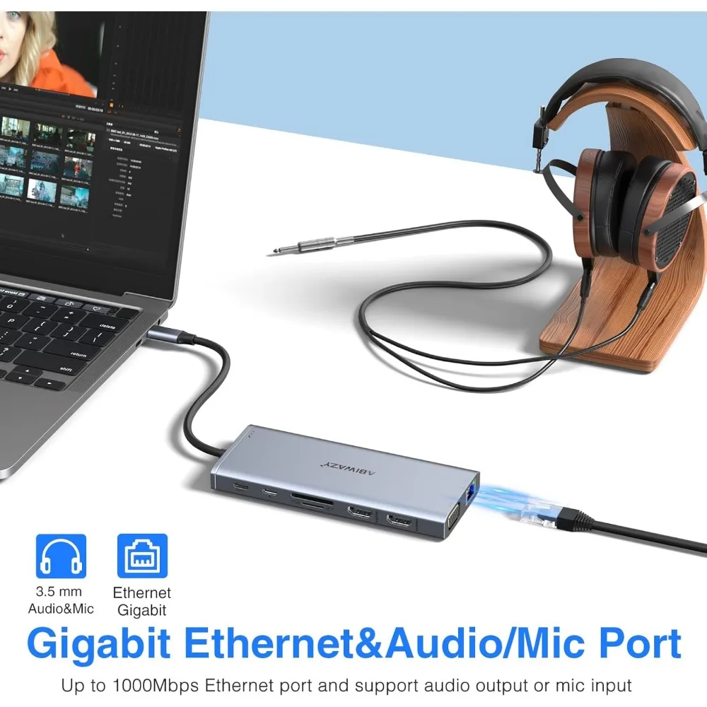 محطة إرساء USB-C 14 في 1 مع HDMI مزدوج 4K، VGA، 100W PD، إيثرنت وقارئ بطاقات لأجهزة الكمبيوتر المحمولة