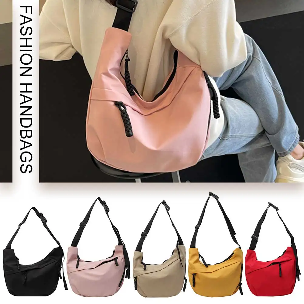 Fashion Messenger Bag Nylon Crossbody Bag Large Capacity Stylish Shoulder Bag Solid Color Crescent Commuting Bag for Women Girls