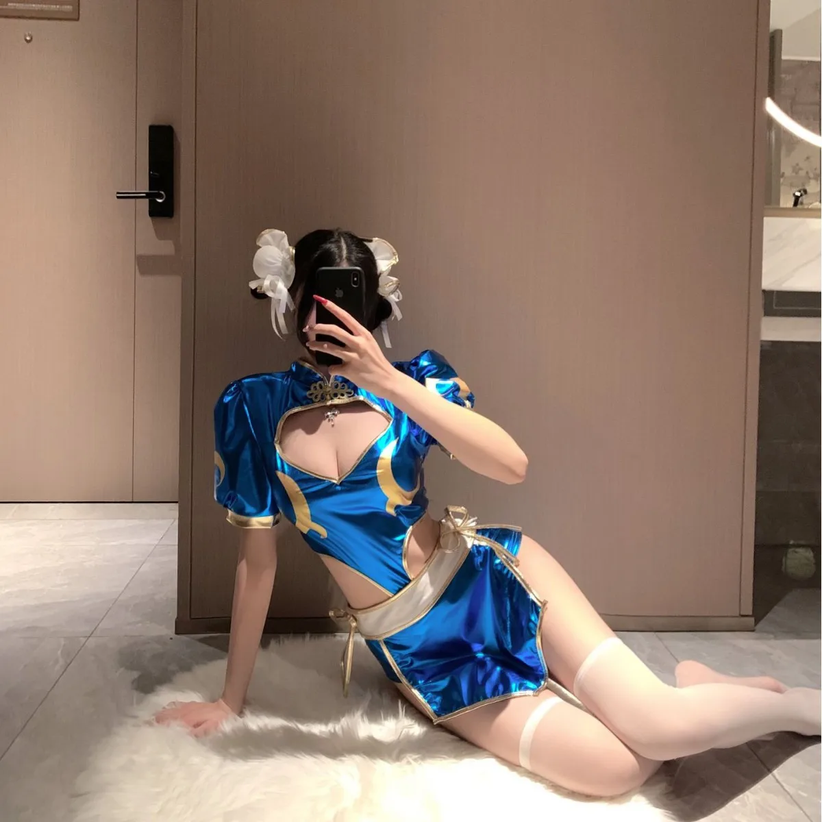 

Games Chun Li Cosplay Costumes Blue Cheongsam Split Dresses Women Sexy Bodysuit Headwear Suit Halloween Carnival Party Clothing