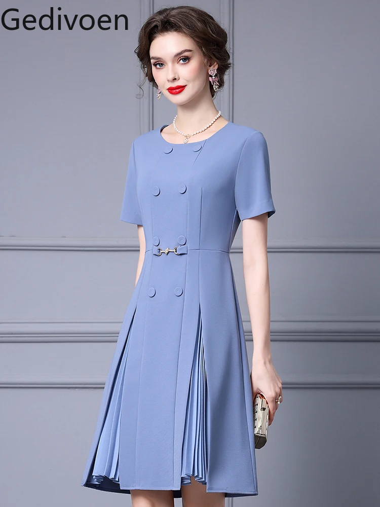 Gedivoen Summer Fashion Runway New Designer O-Neck Collar Button Draped Solid Blue Casual Style Woman Mini A-LINE Dress