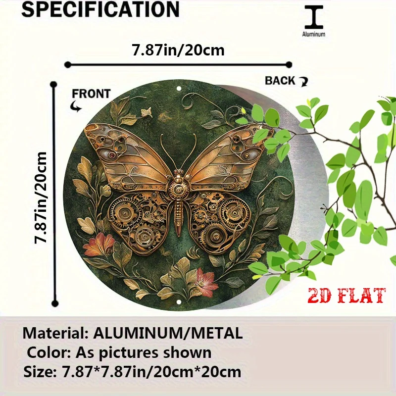 1pc 2D Flat Butterfly Wall Art - Round Aluminum Decor with Intricate Mechanical & Floral Design, Steampunk Style for Living Room