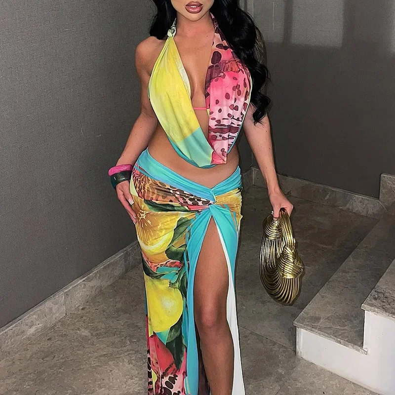 

Women Sexy Colorful Print Holiday Party 2 Piece Set Swinging Collar Lace Up Halter Backless Tank Tops + Twist Split Long Skirts