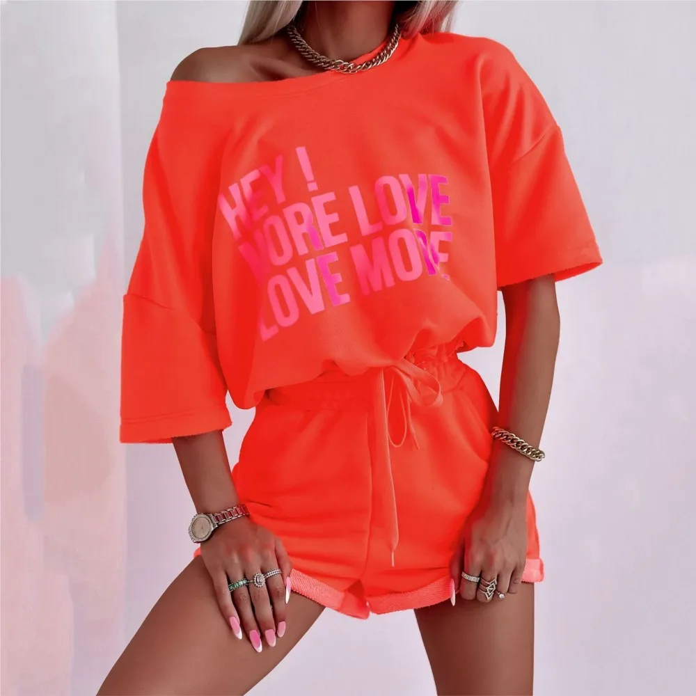 New Summer Two Piece Set Women Clothing Sets Casual Tshirt Shorts Set Fashion O-neck Letter Print Sweat Biker Short Set Jogger