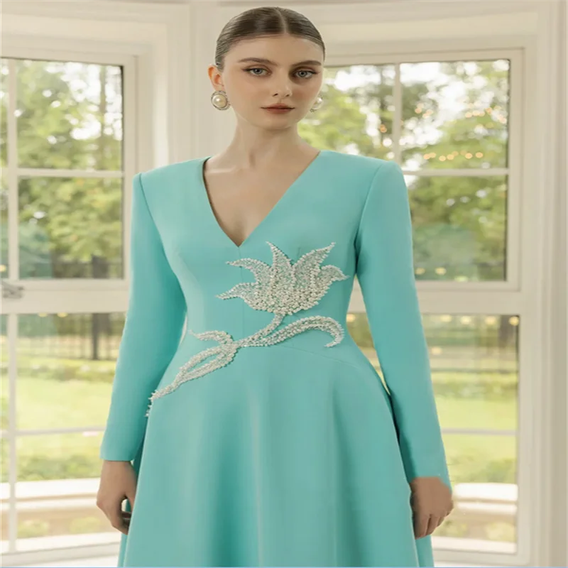 ชุดราตรีไข่มุก โรบ เดอ ซัวรี แบบสั่งตัด แขนยาว คอวี ประดับเลื่อม ทรงเอไลน์ ชุดเต้นรำ ชุดงานเลี้ยง ชุดออกงานพรอม