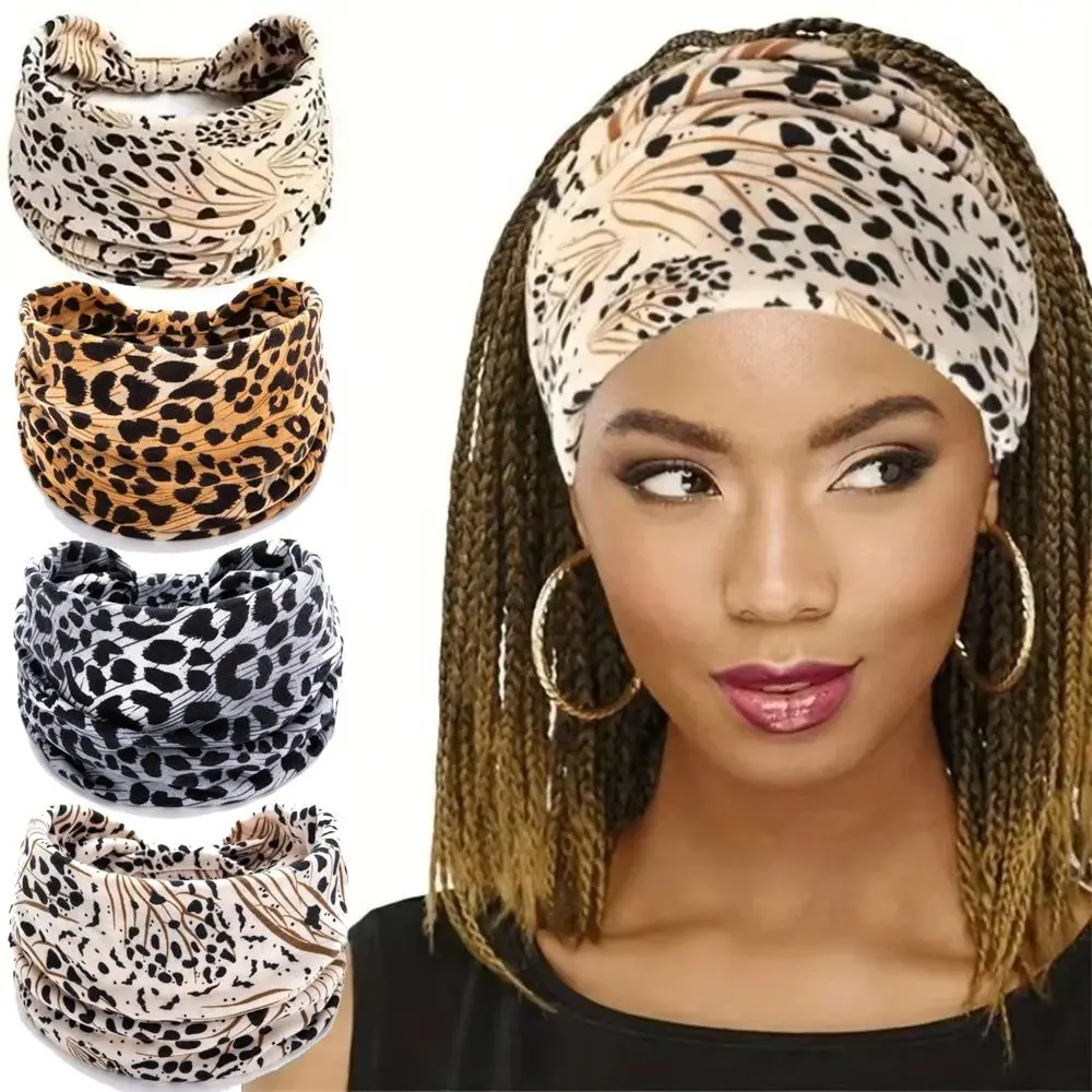 

Soft Leopard Pattern Boho Headband Wide Elastic Knotted Hairband Sweatproof Breathable Turban Headband Sport Workout