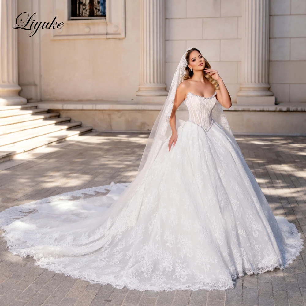 Liyuke Custom Made Full Of Lace Ball Gown Wedding Dress Beaded Pearls Corset With Bow Off The Shoulder Princess Bridal Gowns