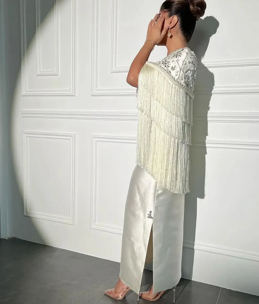 Customized Luxury Crystal Beading Tassel Straight Satin Evening Dress Delicate Half Sleeves Square Neck Bespoke Occasion Gowns